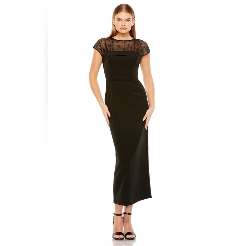 NWT Mac Duggal 49799 Black‎ Sheer Lace Illusion Crepe Midi Dress Sz 4 $398